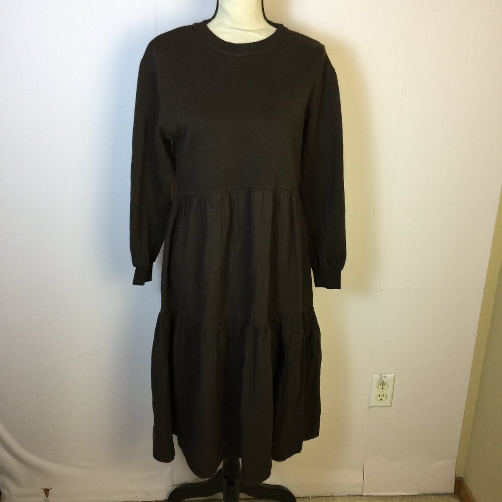 ZARA Midi Knit Top Dress Size S Womans Brown Tiered Long Sleeve Boho Minimalist
